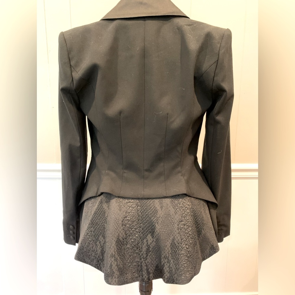 Black Altuzzara for target tux blazer. Satin lapels and printed attached tail.